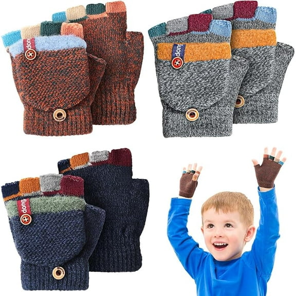 2-6 Years Kids Winter Gloves, Warm Knitted Convertible Fingerless Gloves for Baby Boy Girl with Mittens Cover Cap
