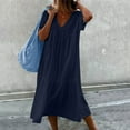 thumbnail image 3 of QUYUON Women Ruffle Midi Dresses Casual Summer V-Neck Short Sleeve T-Shirt Dresses Beach Sundress Pleated A-Line Swing Long Dresses Evening Cocktail Party Pullover Dress, Navy XXL, 3 of 6