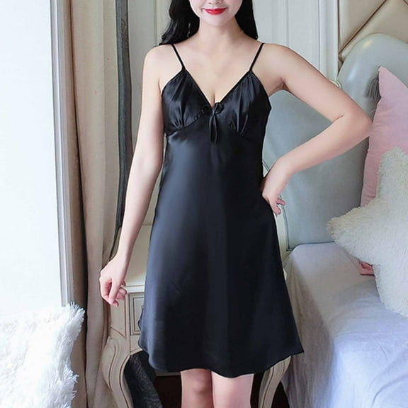 Xixinqiwan Women's Silk Satin Lingerie Dress Slip Casual Dresses for Summer V Neck Loose Under Dresses Black L
