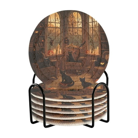 

Coil Coasters Set of 6，Halloween Cat3.94-inch diameter printed on one side non-slip heat-insulating moisture-wicking home accessory.