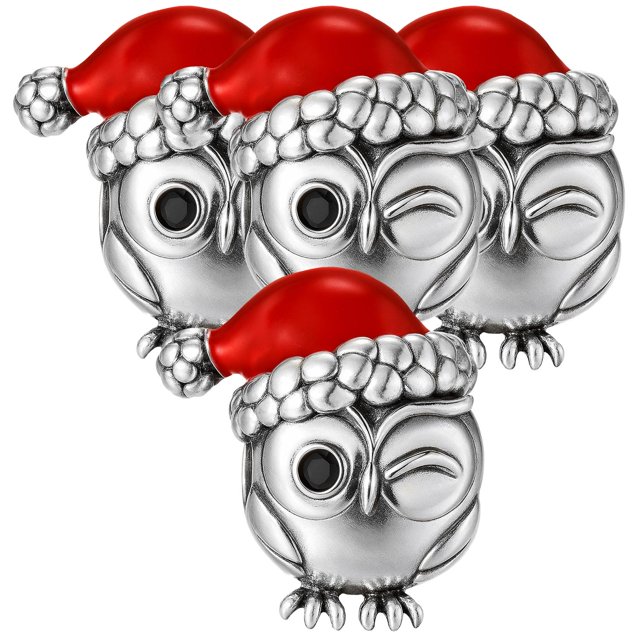 Charm navideño buho brillante XmasOwl01 4Pzas Plata S925 Chapa Separador Fijo Búho Navideño Plata/Rojo Caja Blanca 4x4cm