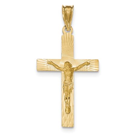 14k Yellow Gold Polished Satin and Diamond Cut Crucifix Pendant