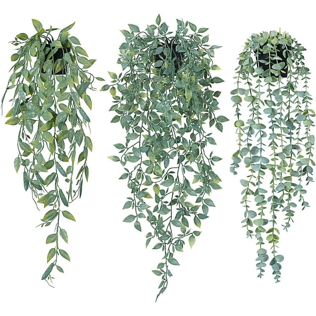 3 plantas colgantes falsas, plantas verdes en maceta falsas, enredadera de eucalipto de imitación, enredadera de mandala en maceta para decoración de estantes al aire libre en el hogar