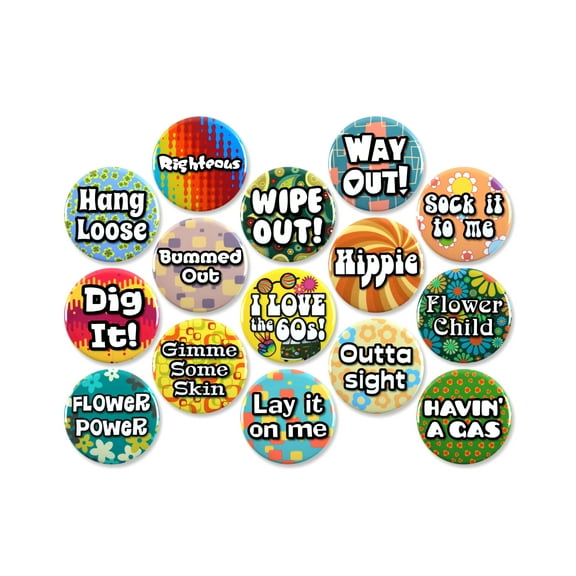 15 Pack - I Love The 60's Retro Slang Pinback Buttons - 1.5 Inch