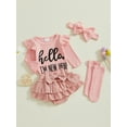 thumbnail image 5 of BemeyourBBs Newborn Hello I'm New Here Baby Girl Coming Home Outfits Letter Print Long Sleeve Romper Ruffle Shorts Skirt Headband Long Socks Set 4Pcs Spring Fall Winter Clothes, 5 of 9