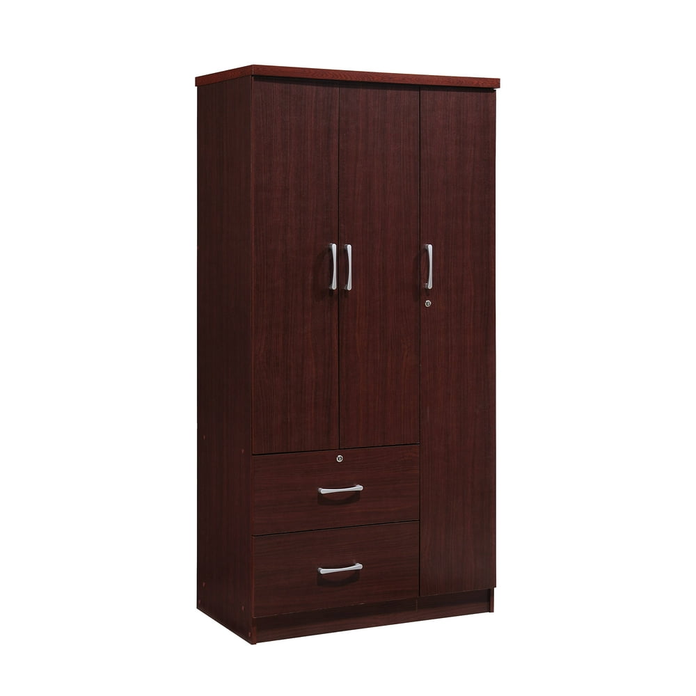 Hodedah 3 Door Bedroom Armoire with Drawers, Mahogany Finish