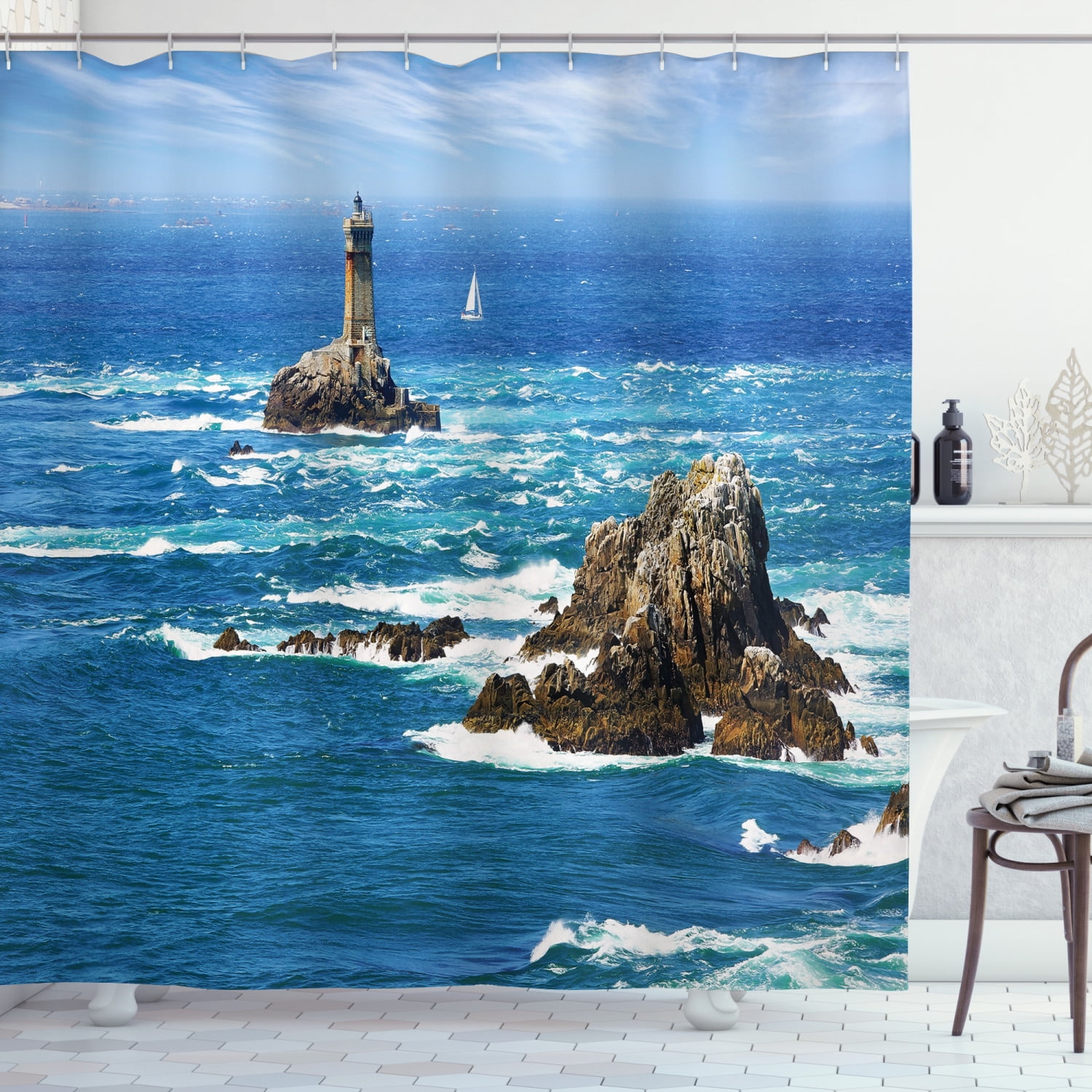 Lighthouse By Seaside Waves Stone Bathroom Mat Fabric Shower Curtain & 12 Hooks 