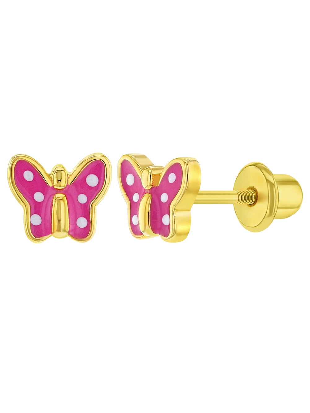 Gold Plated Pink Polka Dot Butterfly Screw Back Baby Earrings for Toddlers 5mm