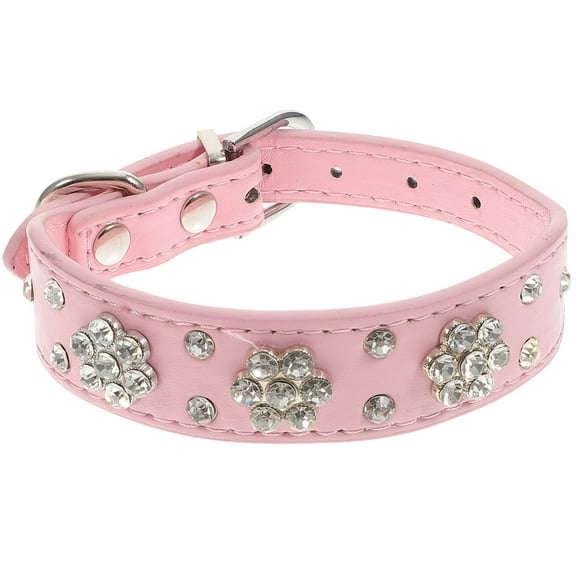 MEIBUTYUP Floral Rhinestone Pink Puppy Collar Adjustable Durable PU and Stainless Steel for Pet Use