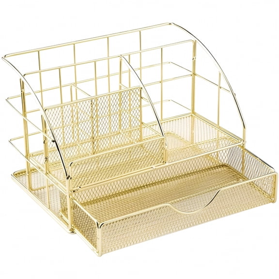 LAMIRO Gold Mesh Desktop Organizer with Drawer, 5 Compartment