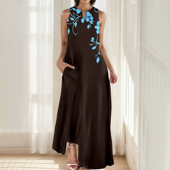QUNYINEY Womens Dresses Casual Floral Sleeveless A-Line Dress with Pockets Flowy V Neck Maxi Sundress