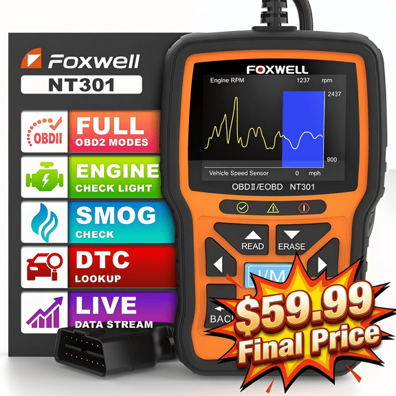 FOXWELL NT301 OBD2 Scanner Check Engine Code Reader Diagnostic Tool, Read/Clear Codes, Freeze Frame, O2 Sensor Monitor, Live Data, On-board Monitor Test, Turn off the MIL, Lifetime Free Update