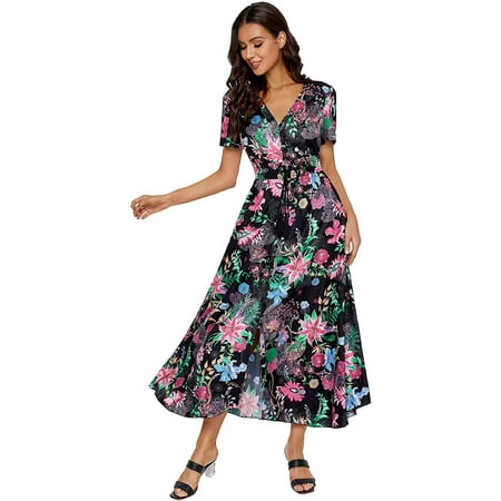 Milumia Women Button Up Floral Print Party Split Flowy Maxi Dress ...