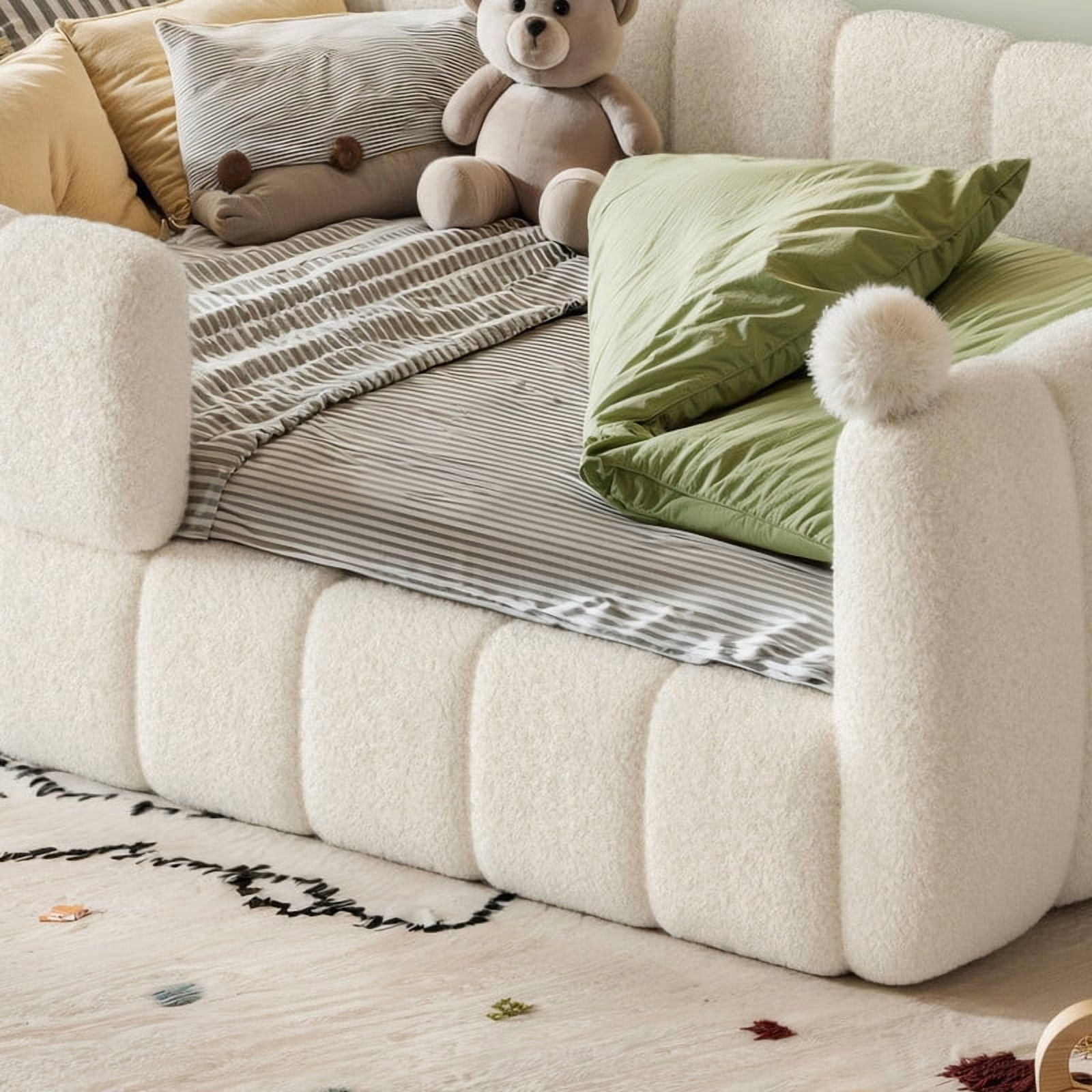 Howcool Montessori Upholstered Floor Bed,Full Size Low Toddler Bed with Full Surround Safety Rails, Beige