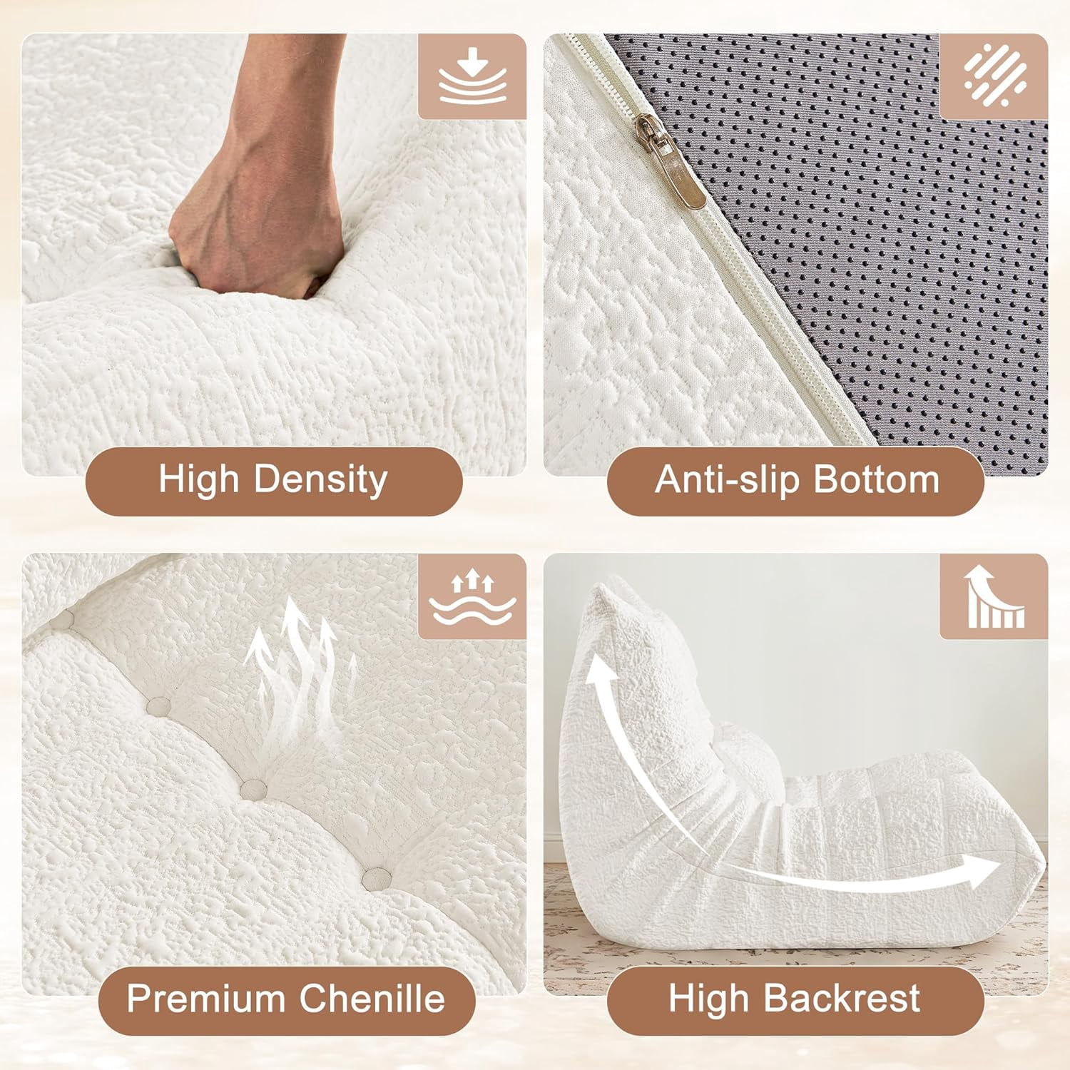 Bean Bag Chair for Adults - Large Bean Bag with Lumbar Pillow, Oversized Chenille Boneless Chair with High-Rebound Memory Foam, Lazy Floor Sofa for Reading, Gaming, Living Room, Bedroom, White