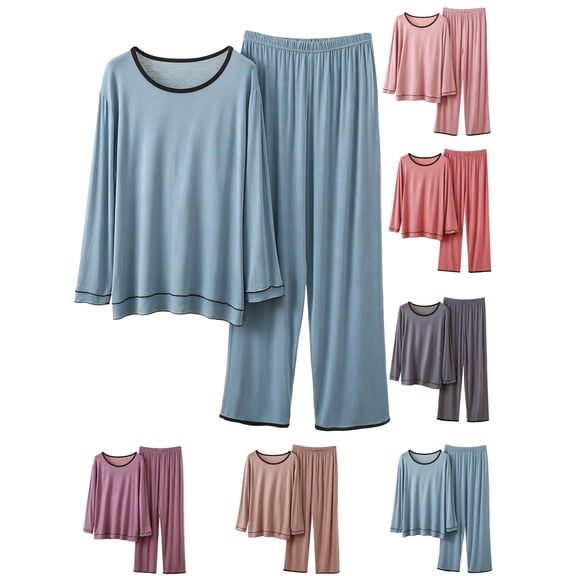 Two Piece Sets for Women Women's Fashion Solid Color Thin Round Neck Long Sleeve Top Elastic Waist Pants Two Piece Home Pajama Set Blue Xl
