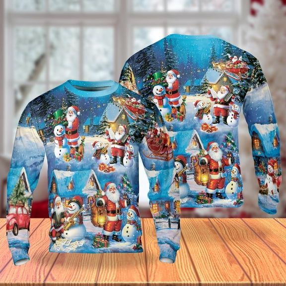 Santa and Snowman Christmas Sweatshirt, Festive Winter Village Scene Crewneck, Cozy Holiday Pullover for Men Women