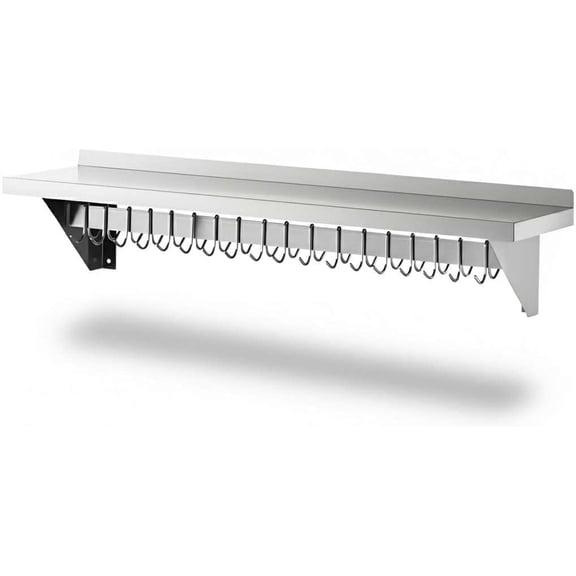 12" x 48" NSF Stainless Steel Wall Shelf, Heavy Duty Pot Pan Rack with Hooks, Commercial Kitchen