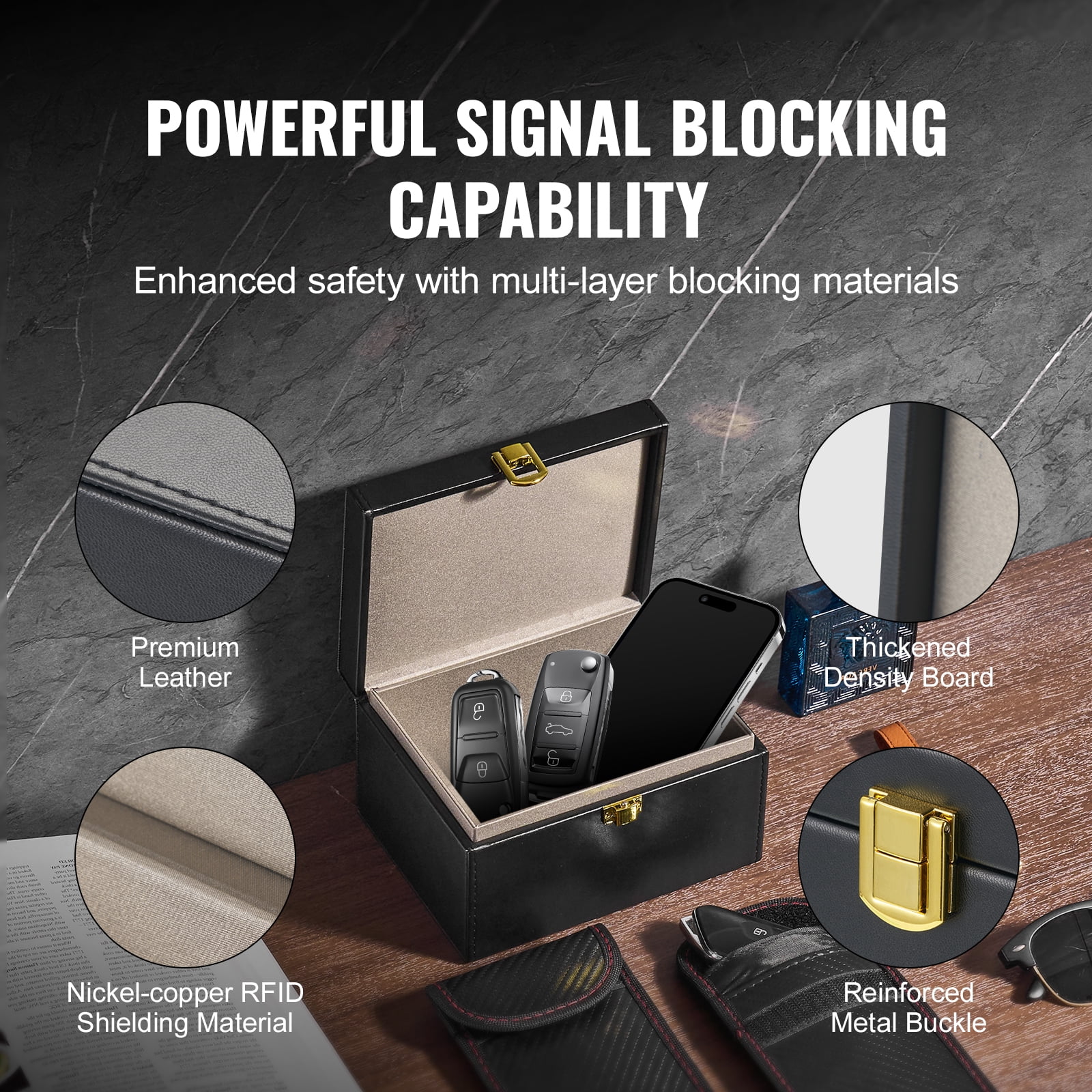 KFFKFF Faraday Container, Synthetic Leather, Signal Interruption Case, Includes Dual Key Pouches, Guards Against WiFi, RFID, GPS, Bluetooth & 5G, Security Box with Anti-Theft