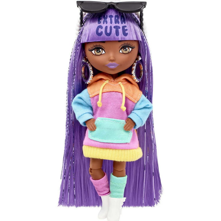 Barbie Extra Minis Doll with Purple Hair in Color-Block Hoodie Dress &  Boots with Accessories