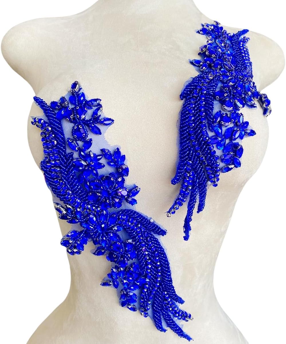 1 par de parches de cristal hechos a mano con cuentas corpiño encaje DIY apliques parches accesorio para ropa de vestir 35X12cm (Blue)