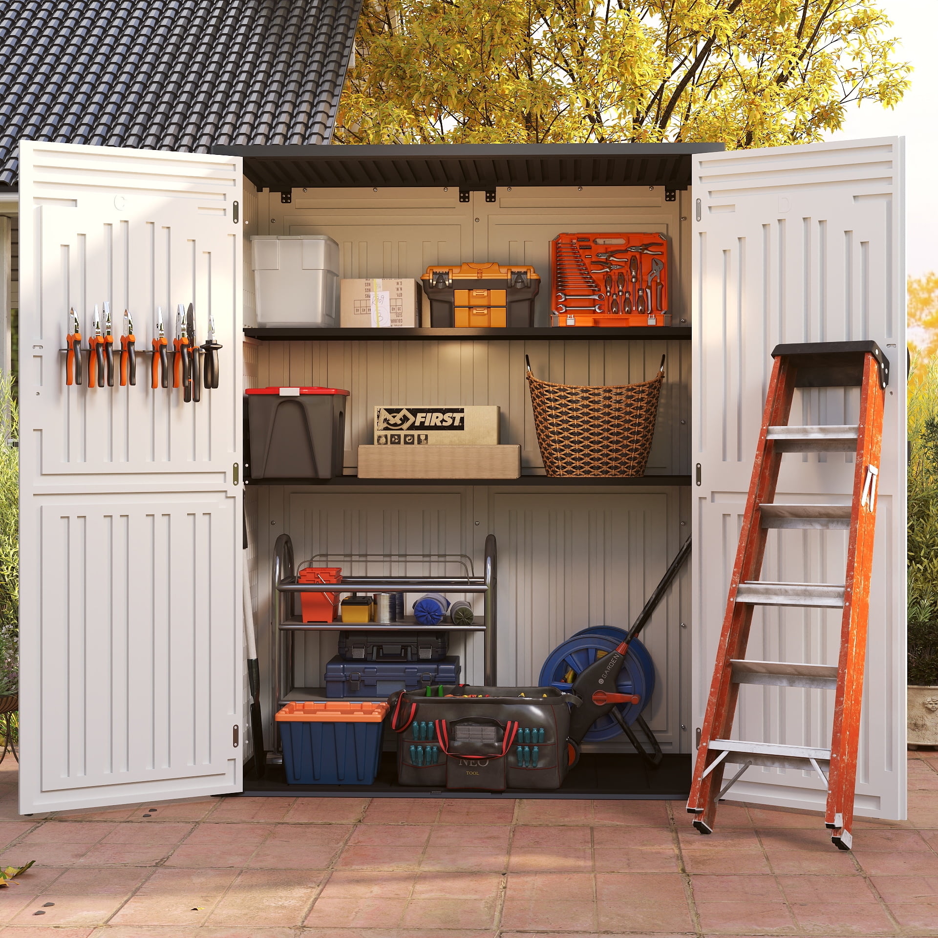 EHHLY Vertical Resin Storage Shed, 60 Cuft Garden Tool Sheds & Outdoor Storage, Plastic Outdoor Storage Cabinet Waterproof, 5.6 x 2.3 ft Backyard Outside Lawn Mower Storage Shed, White