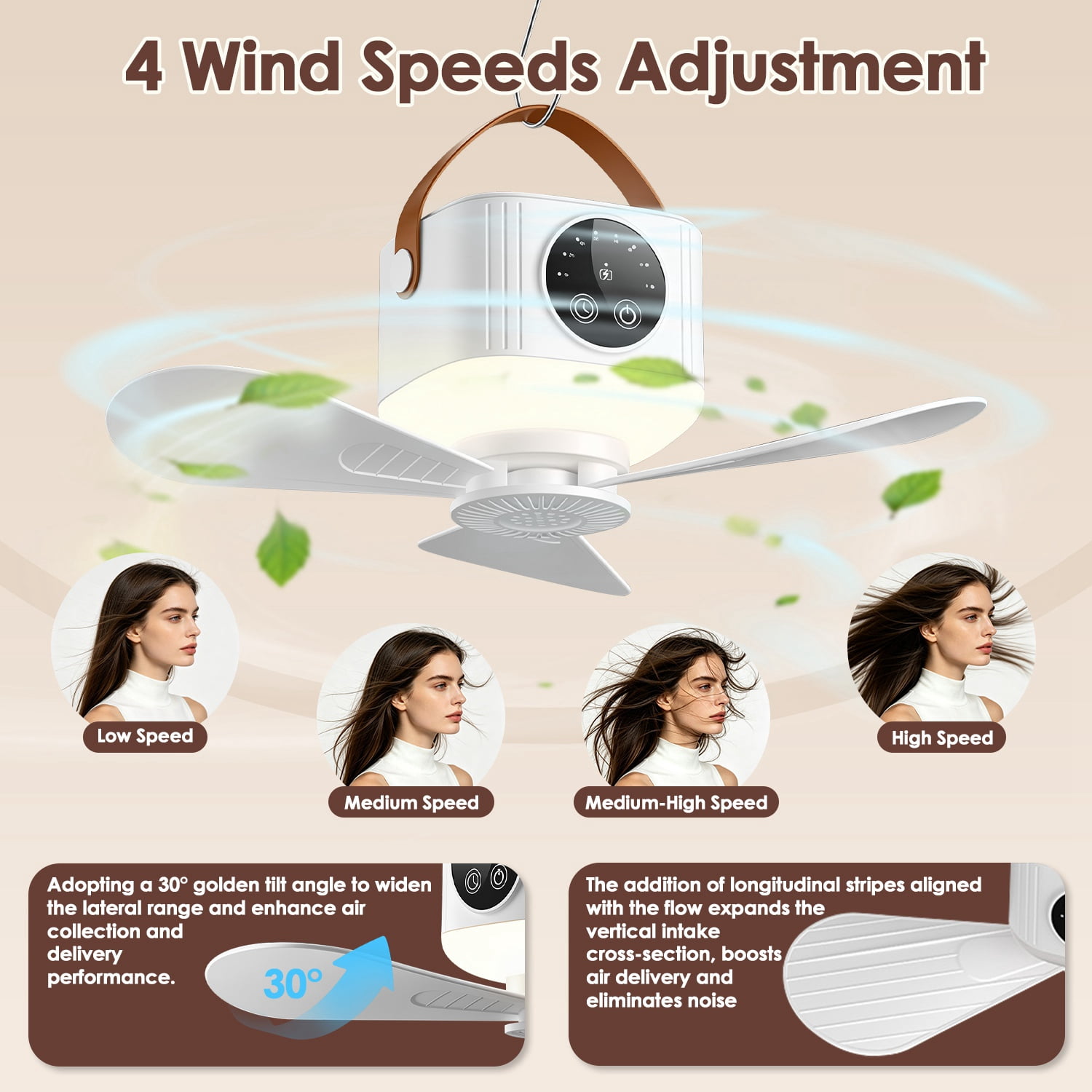 2 in 1 Camping Fan with LED Lantern Remote Control, 4 Wind Speeds 3 Light Brightness Timer Function 7200mAh Rechargeable Hanging Tent Fan