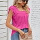 thumbnail image 3 of Top de manga corta para mujer, camisa informal de manga corta con pétalos de doble capa y retales de encaje de Color puro para verano, rosa, rojo, L, 3 of 8