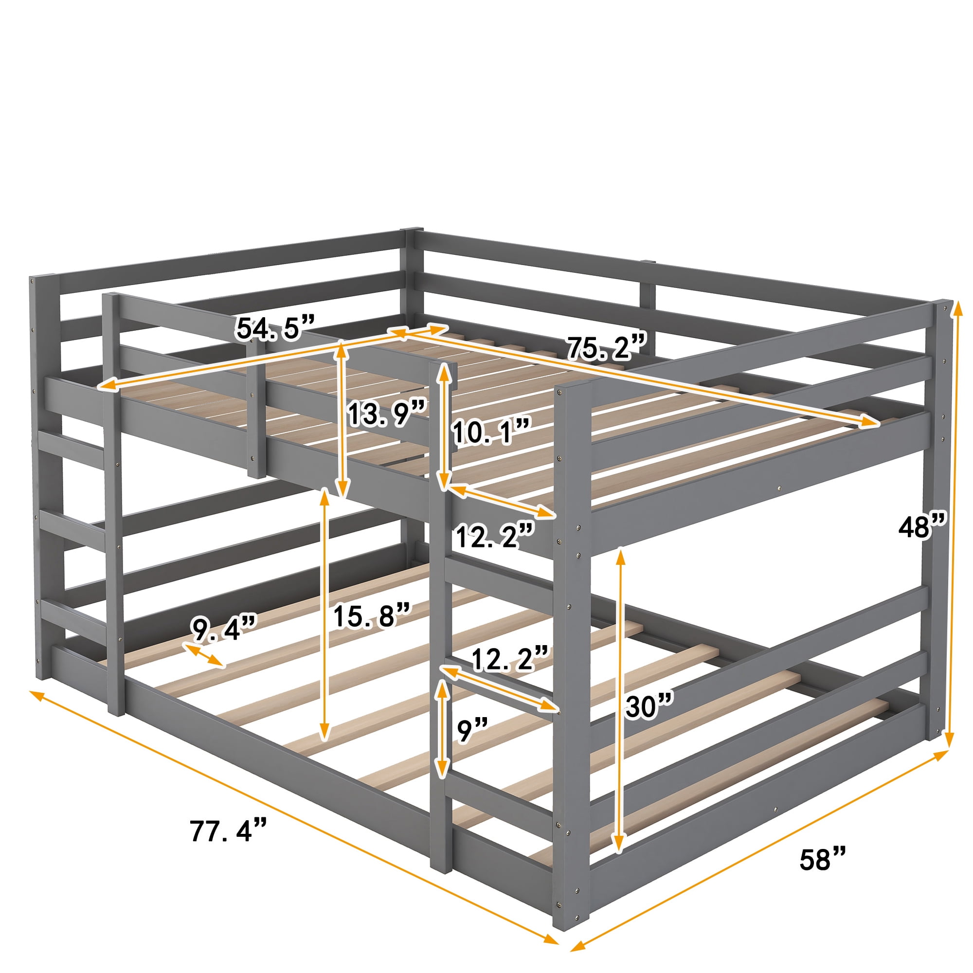 Aukfa Full Over Full Bunk Bed, Solid Wood Low Bunk Bed, Gray