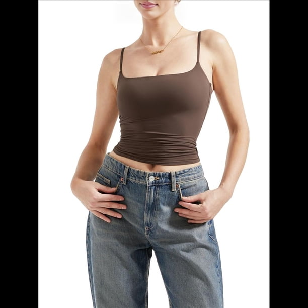 Camiseta Sin Mangas con Cuello Cuadrado para Mujer, Estilo Años Y2K, Básica para Salir de Verano. Marrón XS