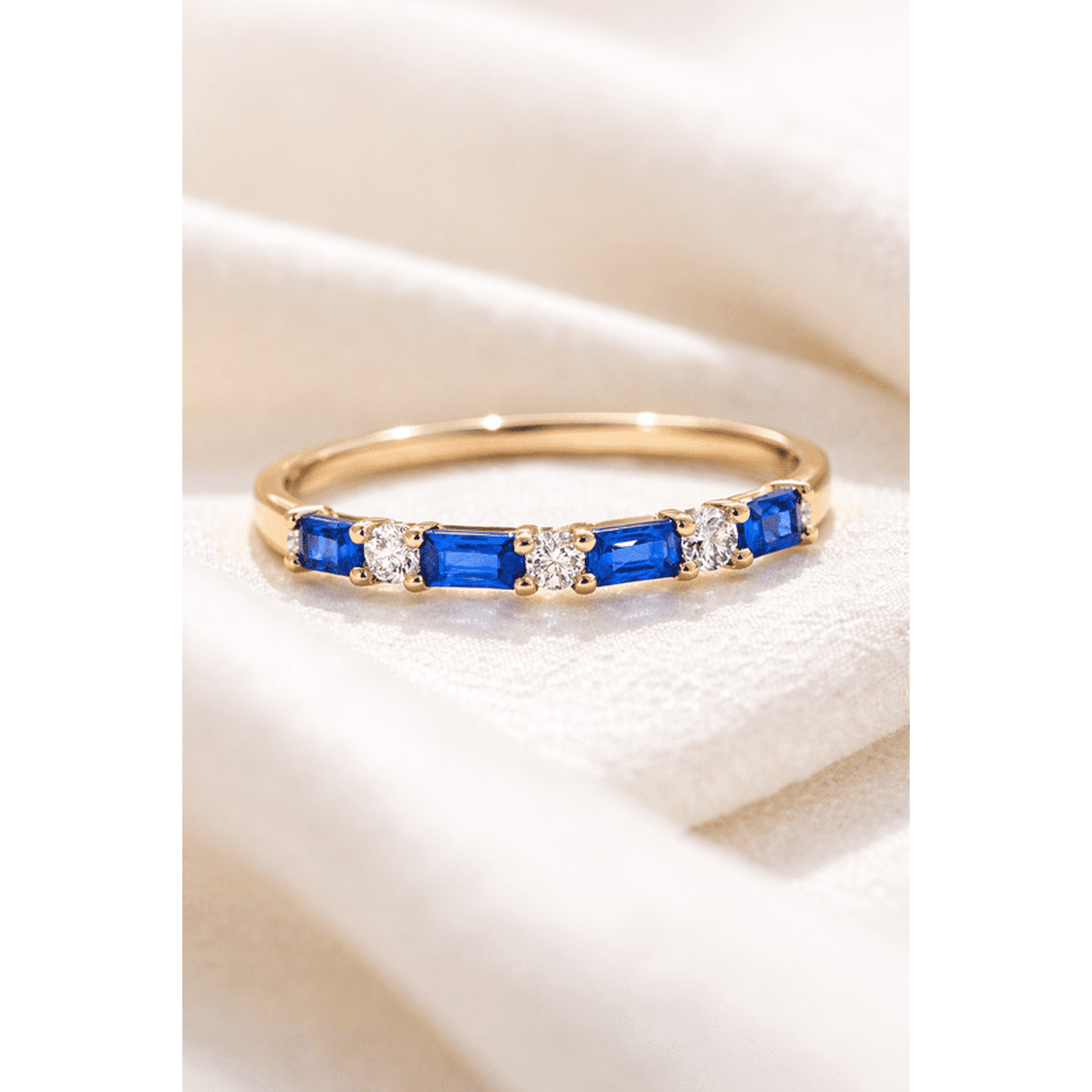 Jewelerix 14K Yellow Gold Vermeil Blue Sapphire and Diamond Ring | Baguette Half Eternity Band | Stackable Wedding Anniversary Ring