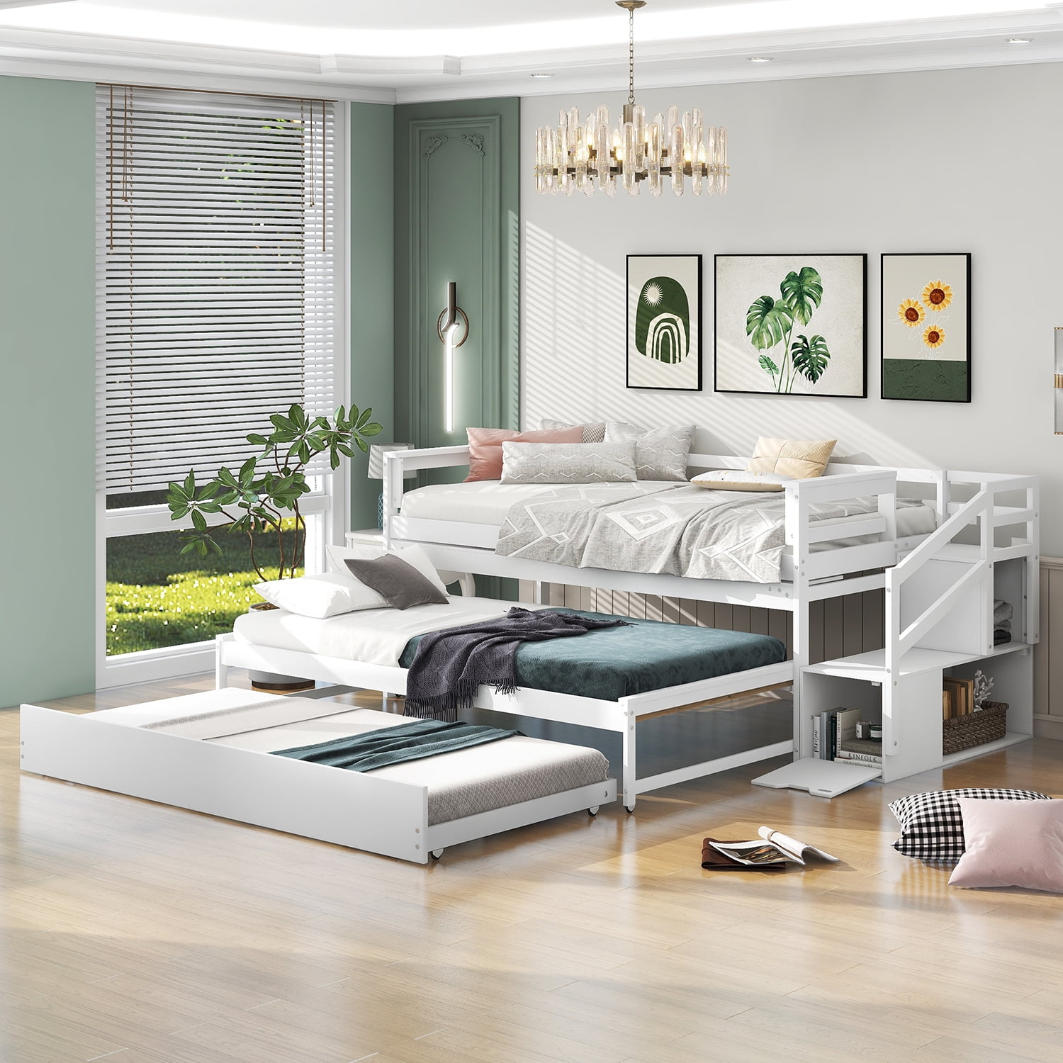 Kepooman Twin Size Daybed with Double Trundle, Flexible Shelf and Storage Staircase, White Kepooman Twin Size Daybed with Double Trundle, Flexible Shelf and Storage Staircase, White