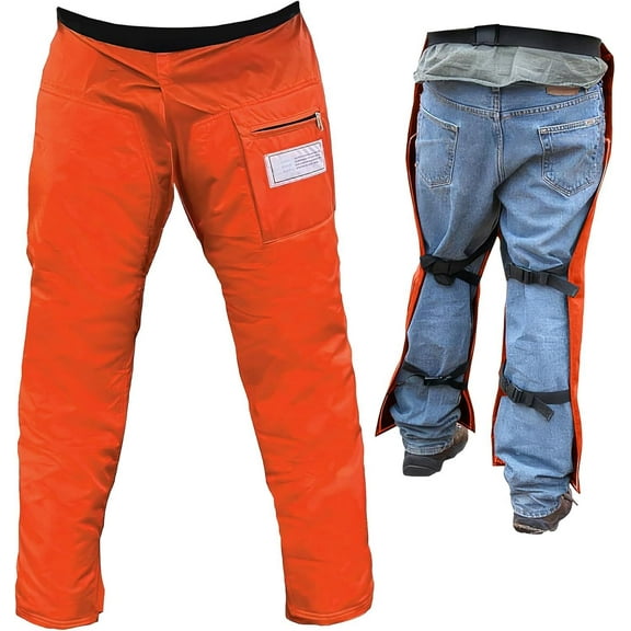 Chainsaw Safety Chaps- Heavy Duty Chainsaw Chaps for Men and Women | Orange Apron Style Safety Pants | Adjustable Waist | Water/Oil Resistant