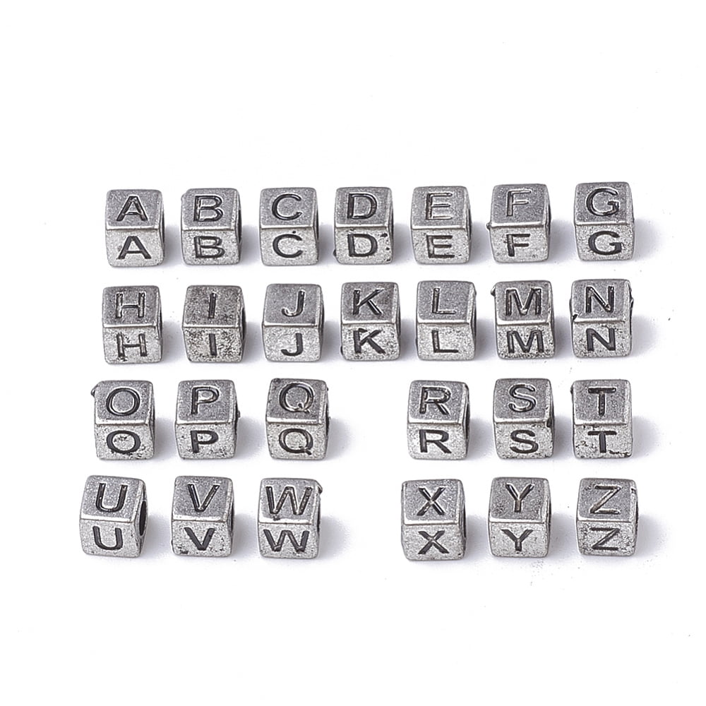 Antique Style Acrylic Beads Horizontal Hole Cube with Initial Letter Antique Silver Plated 6x6x6mm Hole: 3mm about 3000pcs/500g