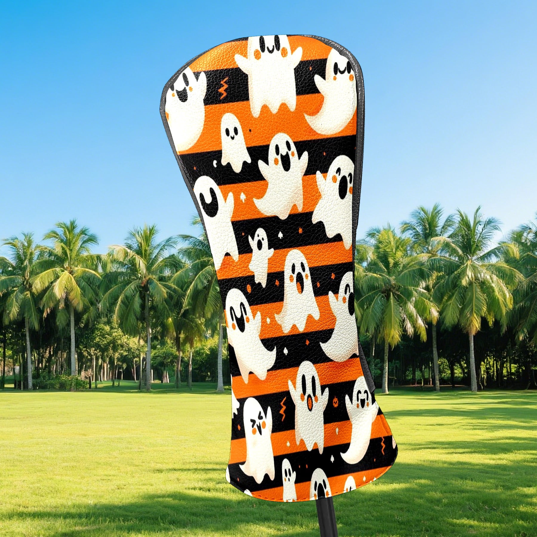 Golf Club Head Covers Orange Stripe Ghost Pumpkin for Driver and Fairway Woods, Premium PU Leather, Waterproof, Velvet Lining, Unisex Golf Gift