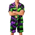 thumbnail image 2 of Mens Halloween Two Piece Pajama Set Pumpkin Printed Casual Short Sleeve Button-Up Collared Tshirts and Shorts Fashion Comfort Clothes Green S, 2 of 4