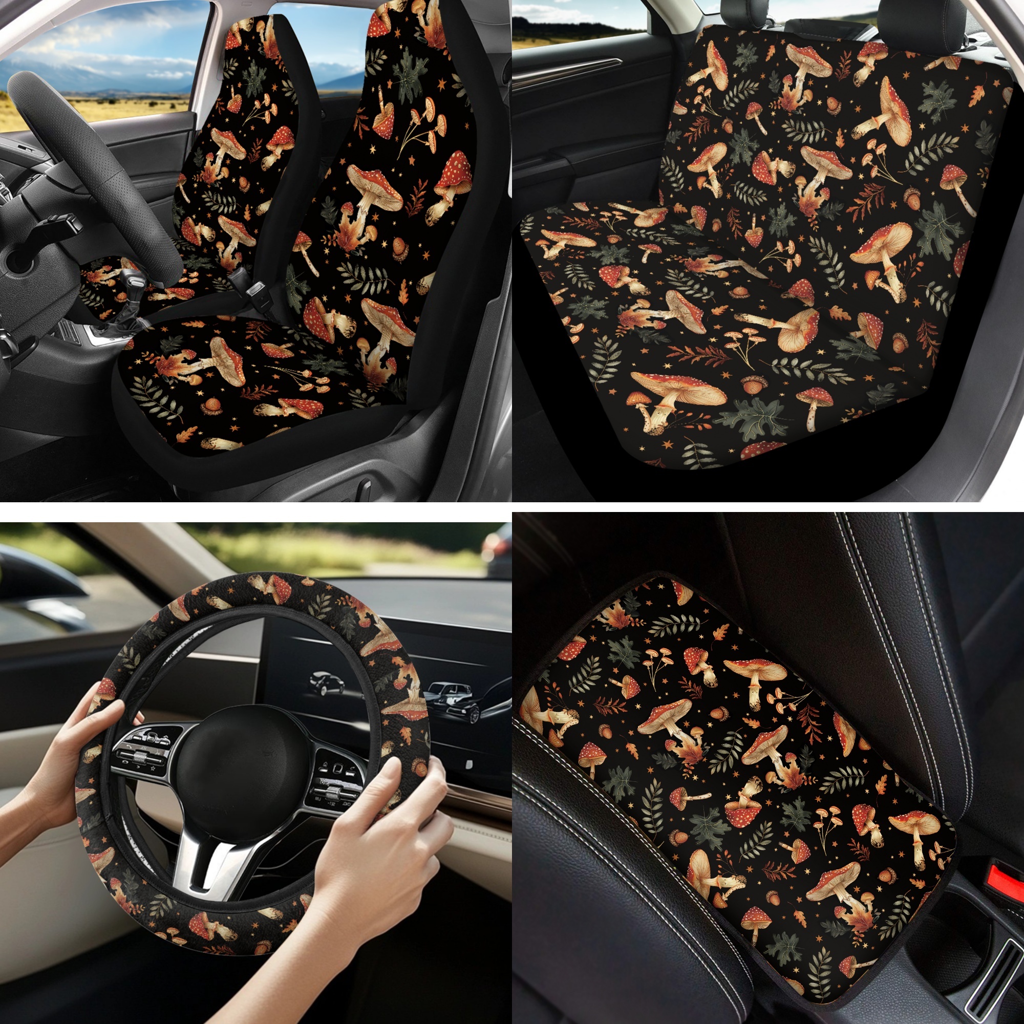 Jeiento Aesthetic Mushroom Car Seat Cover Set of 13 Steering Wheel Cover Seat Belt Pad Car Coaster Armrest Cover Lip Gloss Bag Keychain for Truck Sedan Auto Accessories