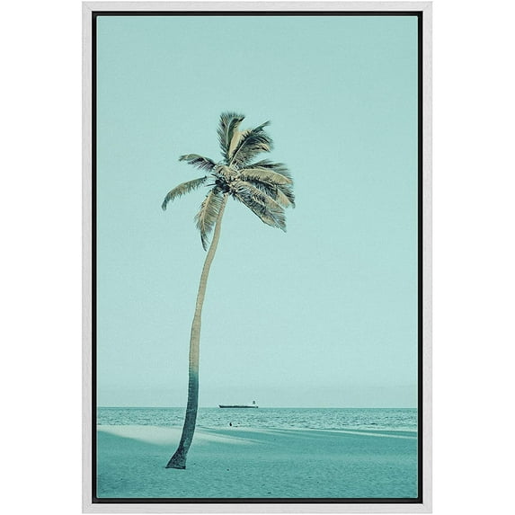 IDEA4WALL Framed Canvas Art Wall Decor Green Wash Out Coconut Palm Tree on the Beach - 24"x36"