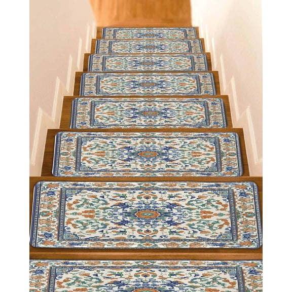 Vintage Ethnic Floral Non-Slip Stair Treads for Wooden Steps, 15 Pack 8x30 Inch Carpet Stair Mats with Adhesive Backing, Noise-Reducing Step Covers for Indoor Stairs, Easy to Install & Residue-Free
