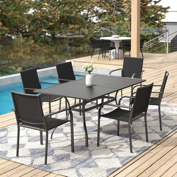 7-Peices Outdoor Patio Dining Set Stacking Chairs and Rectangular Table Furniture Set for 6 Person