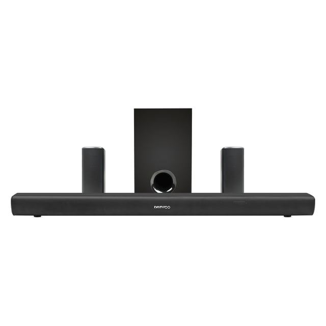 barra de sonido daewoo ultimate 5.1 bluetooth control remoto teatro en casa en negro, vista frontal centrada con la barra 38" al frente, subwoofer vertical y dos altavoces surround; rejilla texturizada, pantalla LED y control remoto incluido; conectividad Bluetooth, USB, AUX 3.5 mm, entrada óptica y HDMI/ARC según ficha, diseñado para sonido envolvente, ideal para noches de cine en casa.