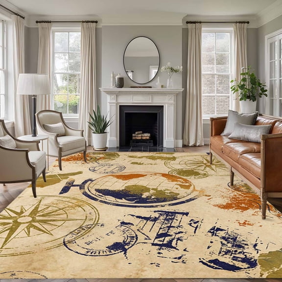 Large Area Rugs for Living Room Bedroom, Vintage Globe 6'x9' Rug Washable Carpet Runner Indoor Outdoor, Abstract Travel Adventure Compass Non Slip Floor Mats Rug for Kitchen, Playroom