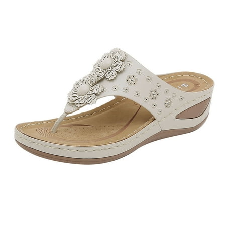 

BADHUD Orthopedic Sandals for Women Flowers Wedge Slippers with Arch Support Anti-Slip Breathable Sandal Vintage Slip On Flip Flops Sandals Women Dressy Summer Bohemian Flats