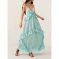 thumbnail image 6 of Mint Blue Womens Boho Spaghetti Strap Maxi Dress With Tiered Ruffles, Low Cut, Backless, Flowy Beach Cover-Up, 6 of 8