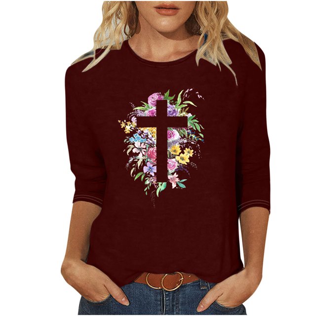 Blouses pour Femmes T-Shirt Imprimé Manches 3/4 Blouse Col Rond Décontracté, Blouses pour Femmes T-Shirts pour Femmes, Blouses pour Femmes Décontractées