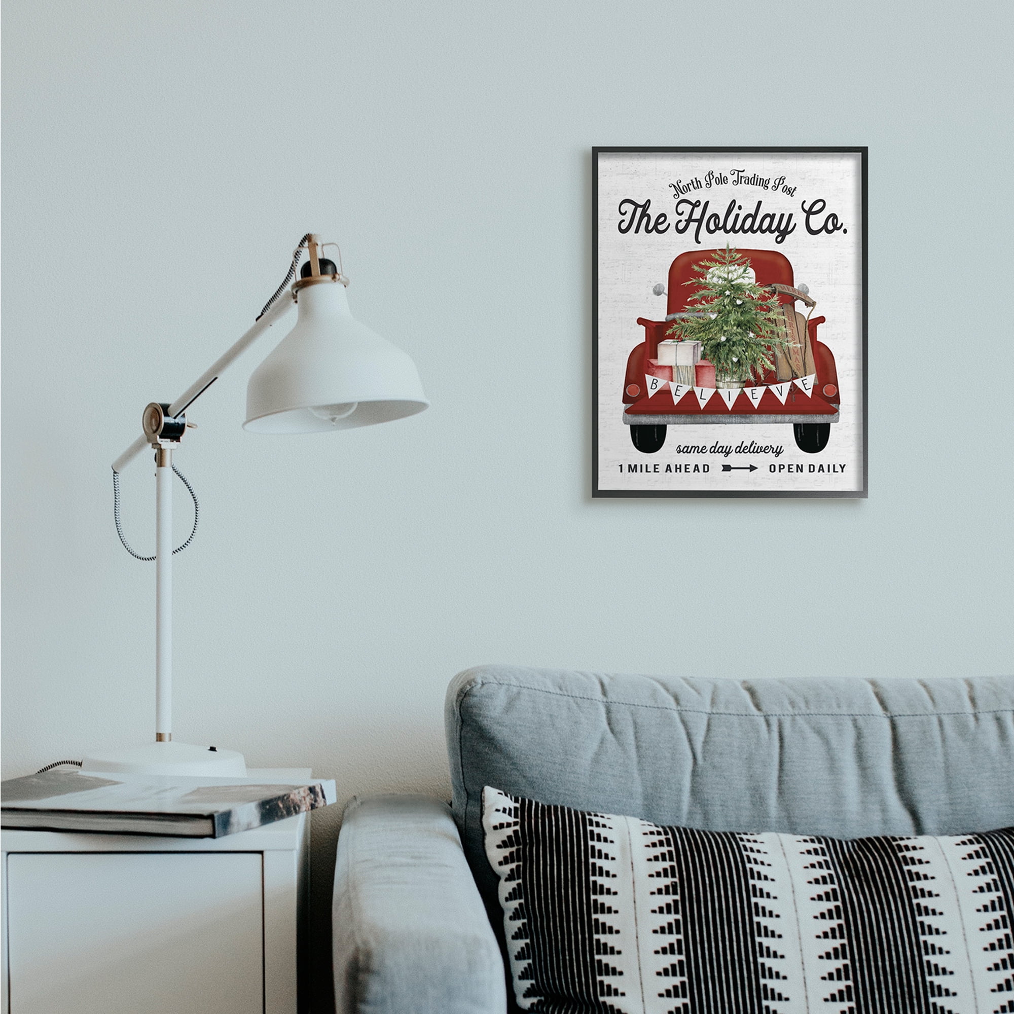 Stupell Industries Red Holiday Truck Winter Green Fir Tree Holiday Painting Black Framed Art Print Wall Art, 16 x 20