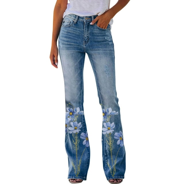 XovLAHzY Palazzo Pants For Women Pants Printed Pattern Loose Flared Hem Jeans Stretch Flared Bottoms Slacks Lounge Trousers