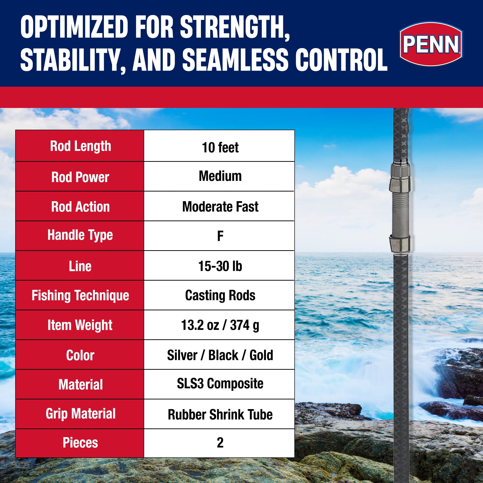 PENN Carnage III Conventional Surf Rod, 10' Fishing Pole, Medium Power