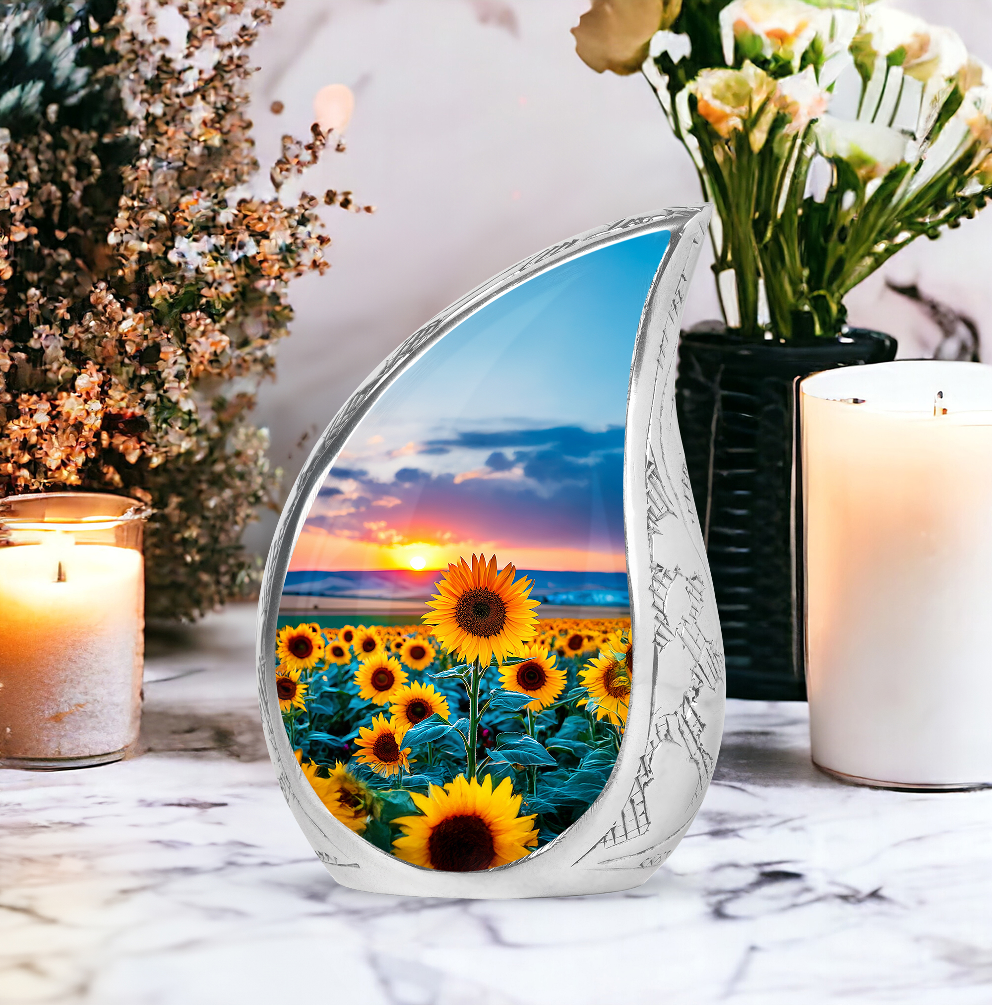 SABURIAL Sunflower Urn - Funeral Cremation Urn for Ashes - Combo 2 - Large with 3 Inch Pack of 2 - Burial Urns - Human Remains for Mom & Dad - Decorative Urns for Adult