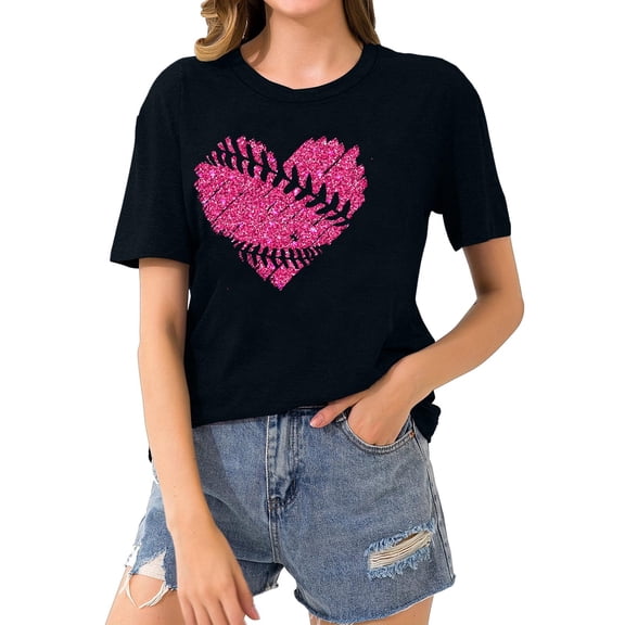 Giftesty Blouses for Women Dressy Casual Women's Baseball Sport Printed T-shirt with Round Neck and Short Sleeved Top